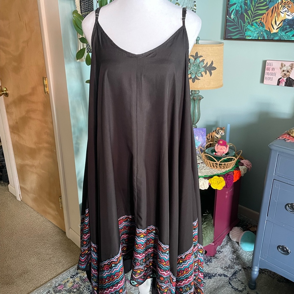 All Black Maxi Dress with Multicolor Zigzag Hem/ swim cover up